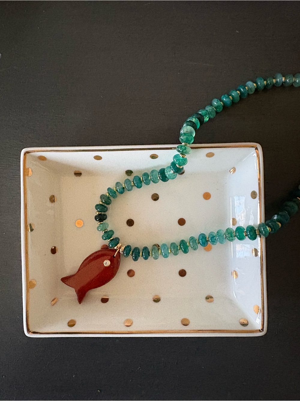 New Anthropologie Seafoam Green Beaded Necklace w/ Red Jasper Fish Pendant - Picture 5 of 6